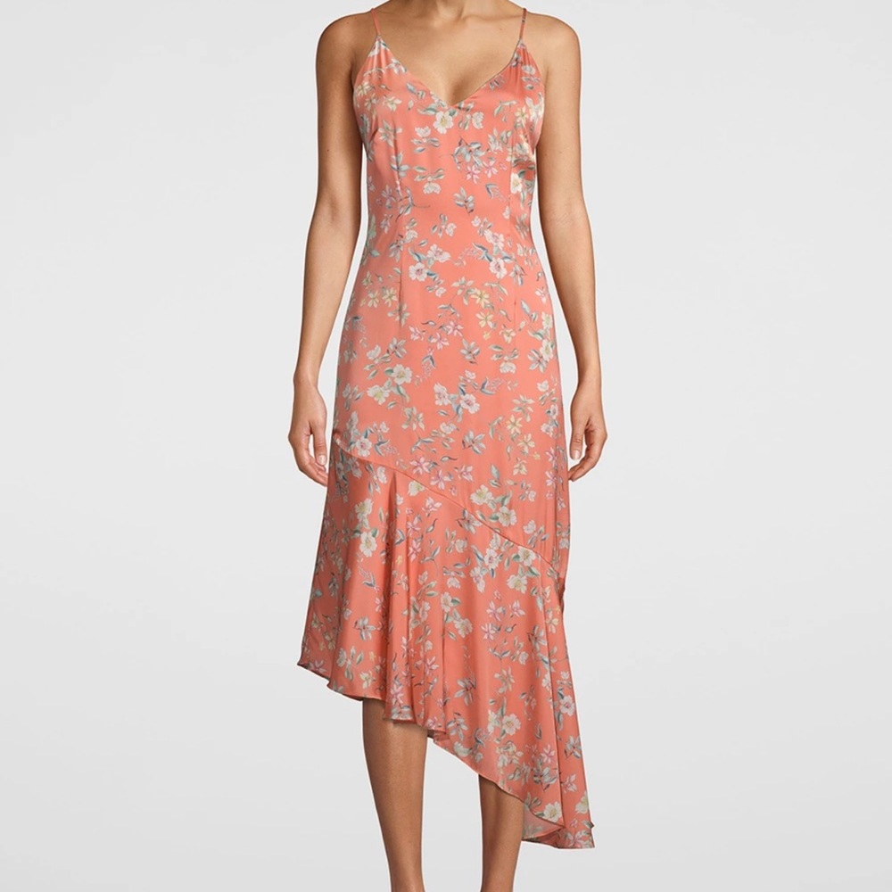 White House Black Market Floral Print Asymmetrical Midi Dress in Coral Size 2
